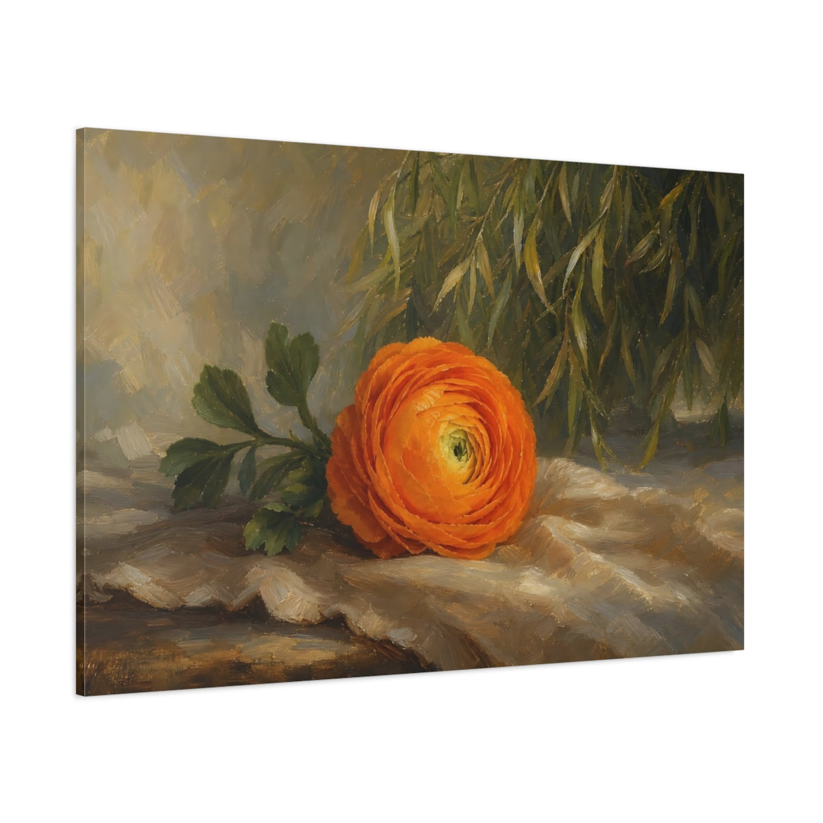 Side Mockup 1. Romantic Oil Painting Single Orange Ranunculus Against Willow Shade shown as stretched canvas wall art