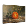 Side Mockup 4. Romantic Oil Painting Single Orange Ranunculus Against Willow Shade shown as stretched canvas wall art