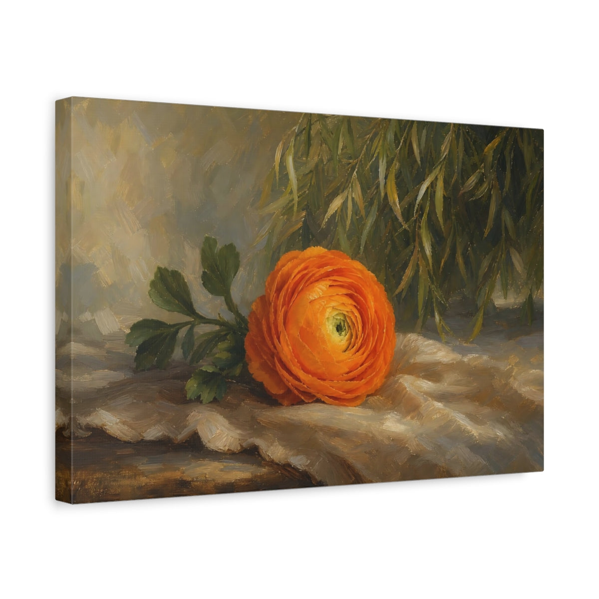 Side Mockup 4. Romantic Oil Painting Single Orange Ranunculus Against Willow Shade shown as stretched canvas wall art