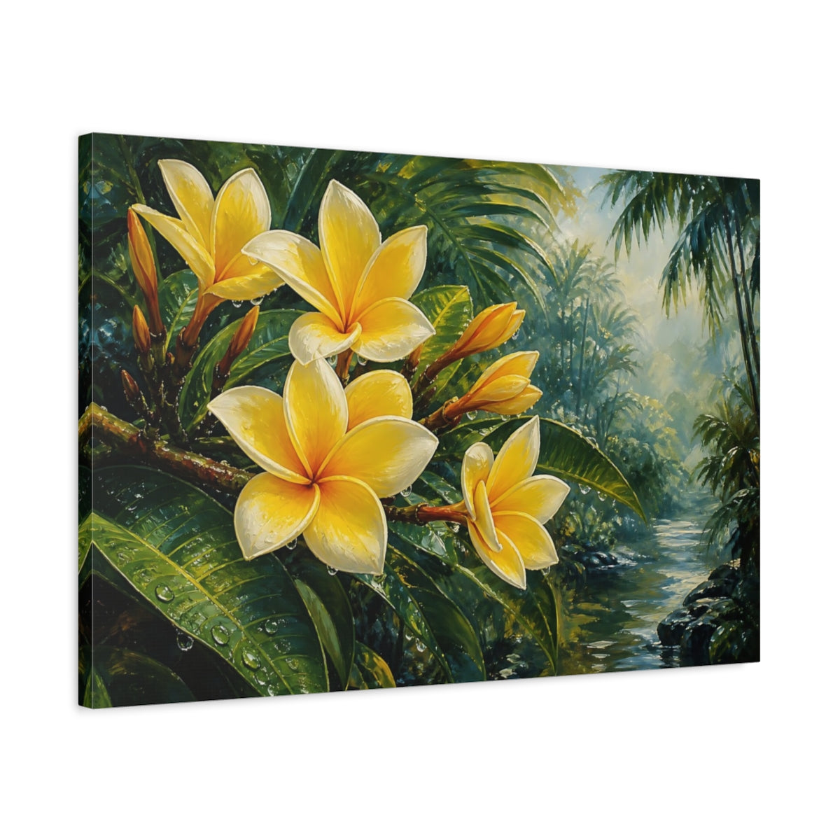 Side Mockup 2. Romantic Oil Painting Yellow Plumeria Beside Jungle Foliage In Humid Air shown as stretched canvas wall art