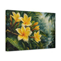 Side Mockup 4. Romantic Oil Painting Yellow Plumeria Beside Jungle Foliage In Humid Air shown as stretched canvas wall art