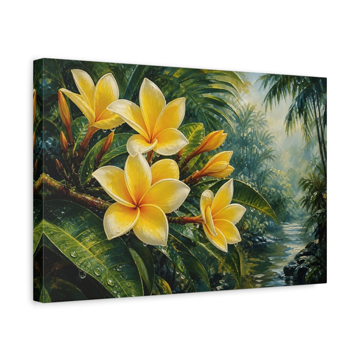 Side Mockup 4. Romantic Oil Painting Yellow Plumeria Beside Jungle Foliage In Humid Air shown as stretched canvas wall art