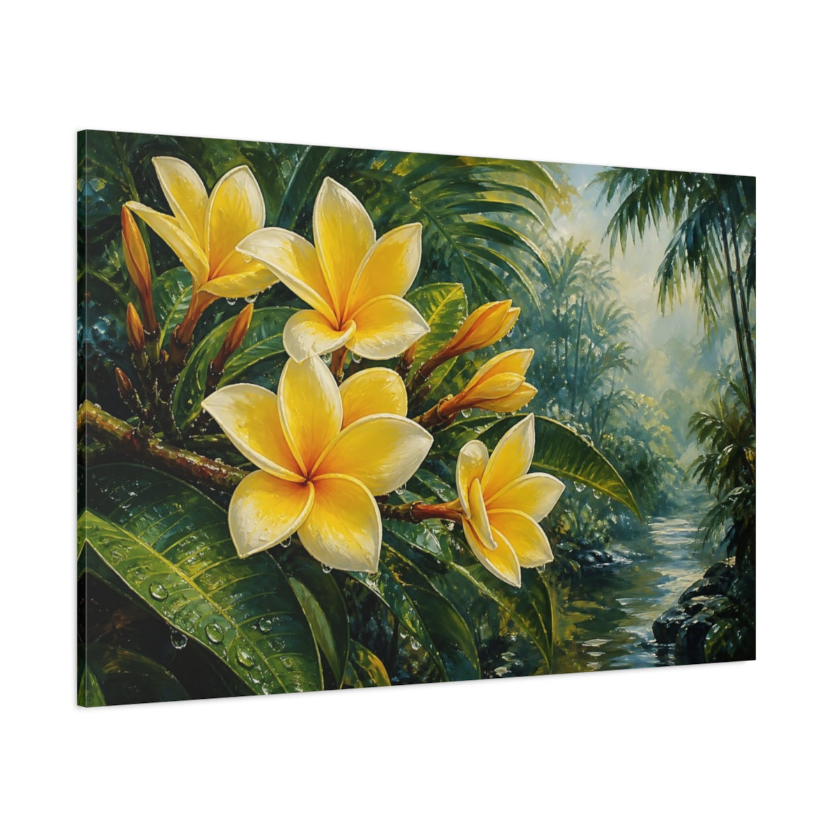 Side Mockup 1. Romantic Oil Painting Yellow Plumeria Beside Jungle Foliage In Humid Air shown as stretched canvas wall art