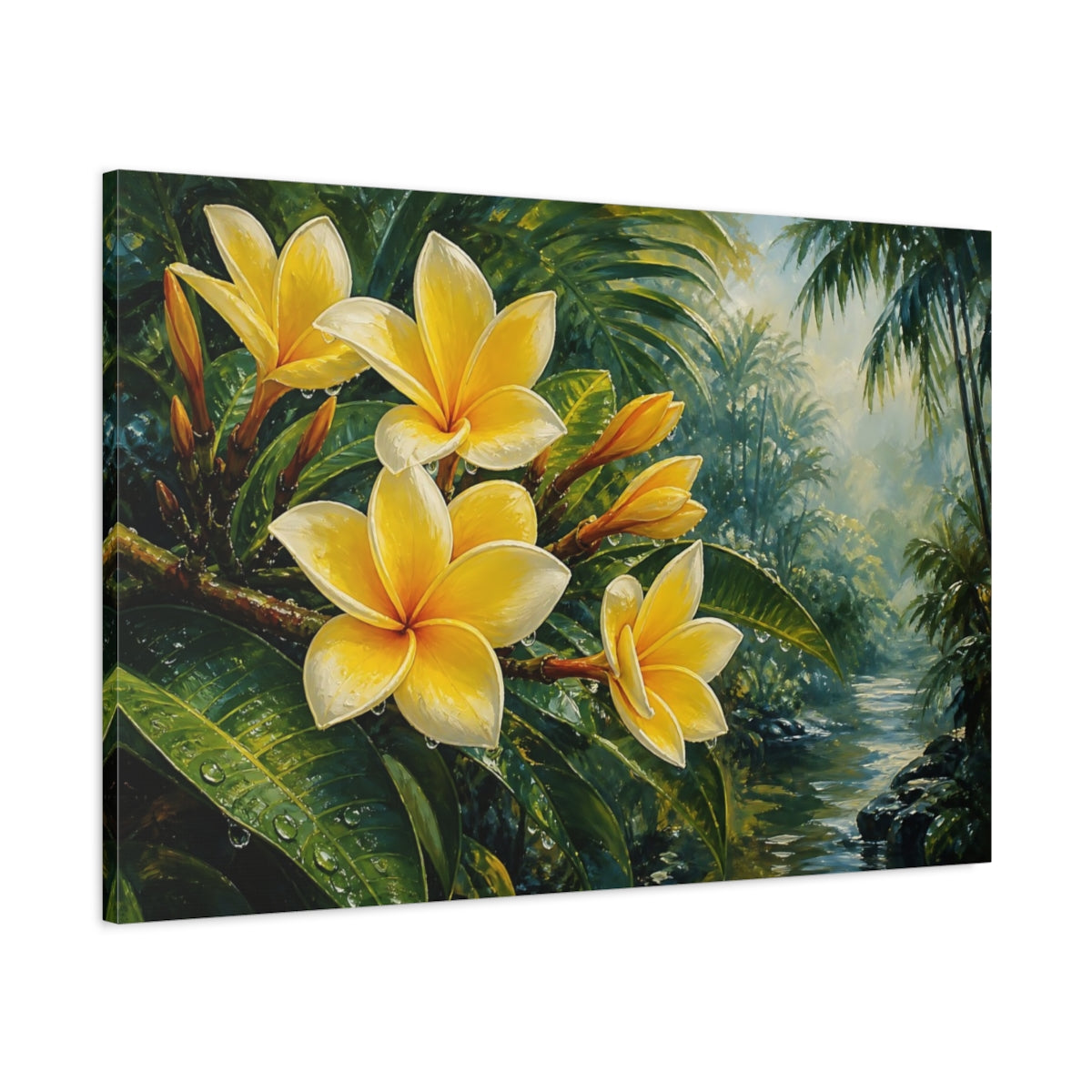 Main Mockup. Romantic Oil Painting Yellow Plumeria Beside Jungle Foliage In Humid Air shown as stretched canvas wall art