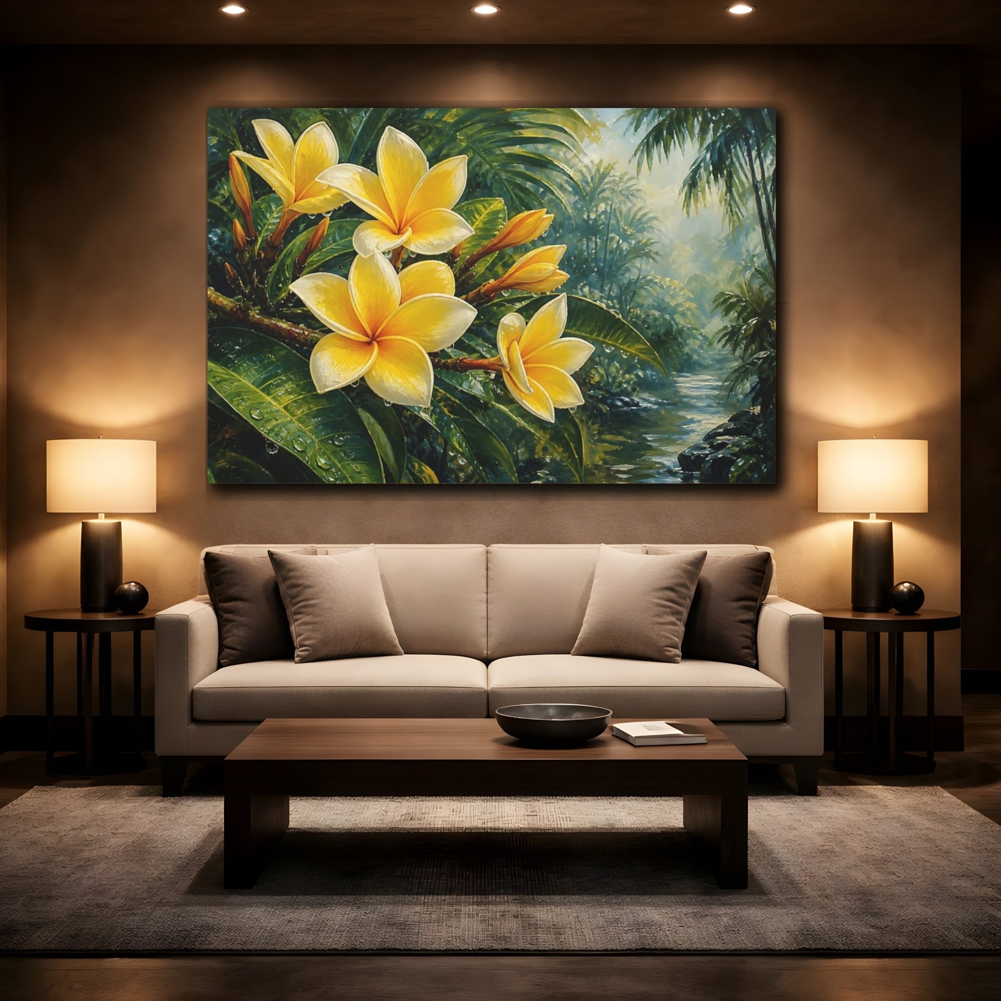 Mockup 2. Romantic Oil Painting Yellow Plumeria Beside Jungle Foliage In Humid Air shown as stretched canvas wall art