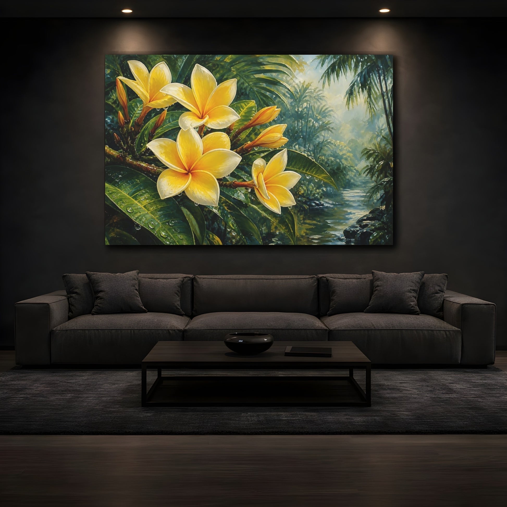 Mockup 3. Romantic Oil Painting Yellow Plumeria Beside Jungle Foliage In Humid Air shown as stretched canvas wall art