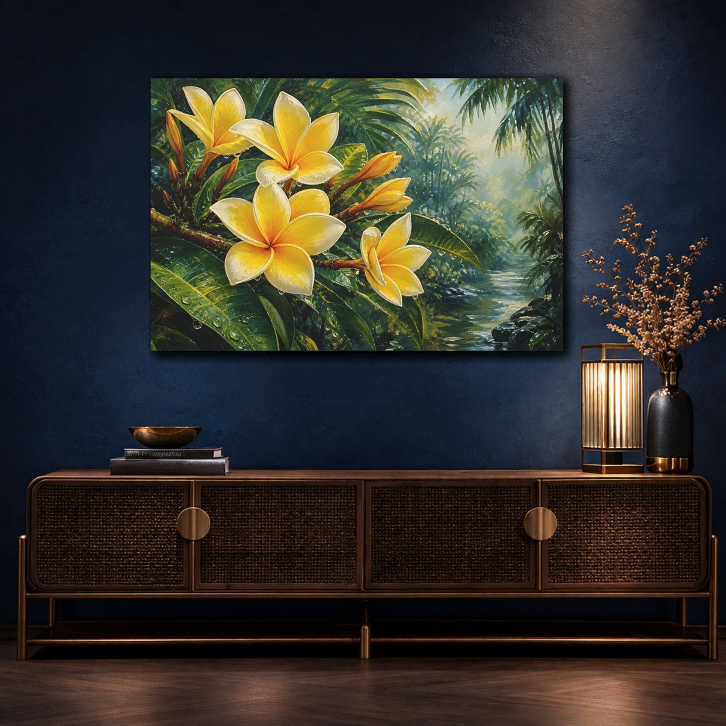 Mockup 4. Romantic Oil Painting Yellow Plumeria Beside Jungle Foliage In Humid Air shown as stretched canvas wall art
