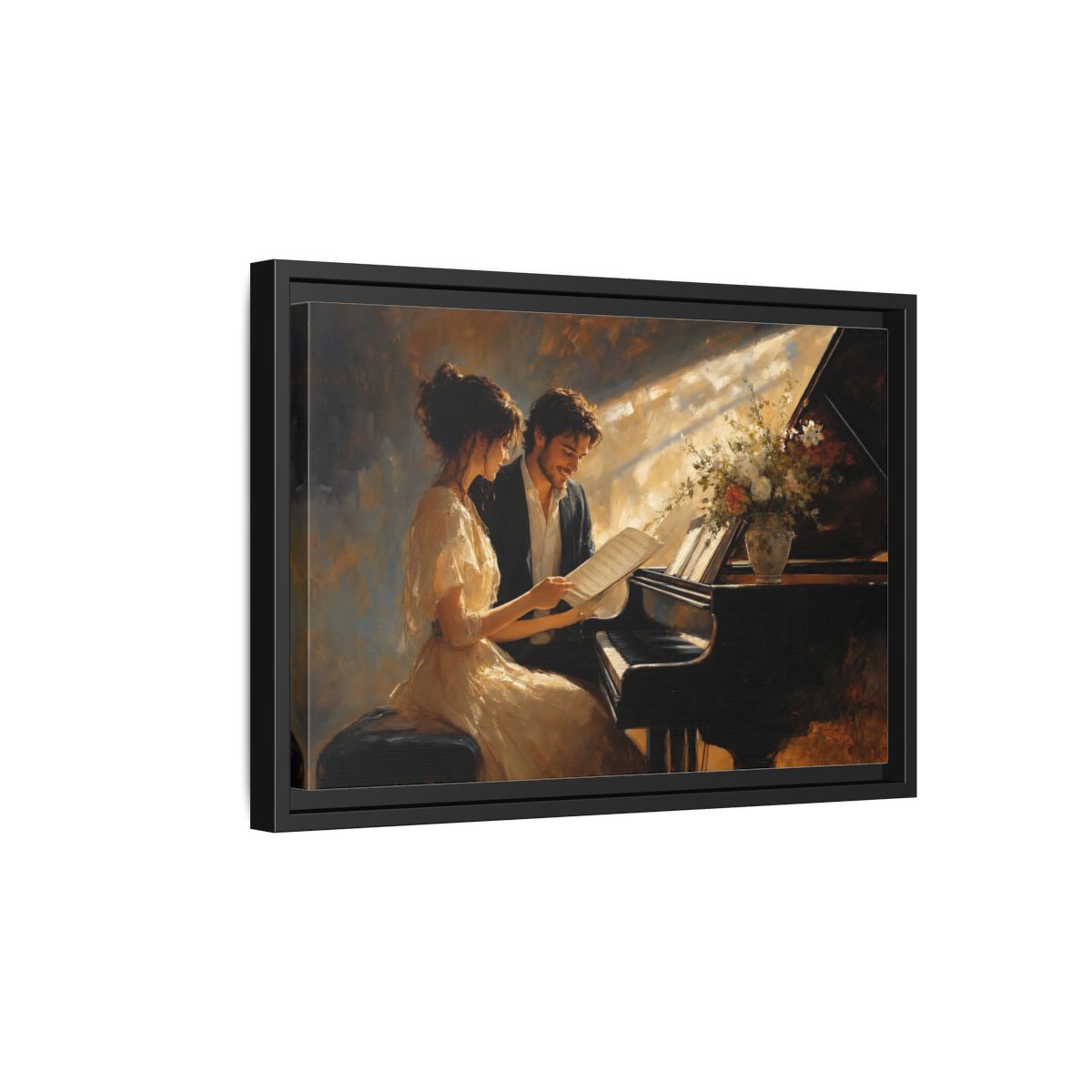 Side Mockup 6. Romantic Piano Duet shown as framed canvas print