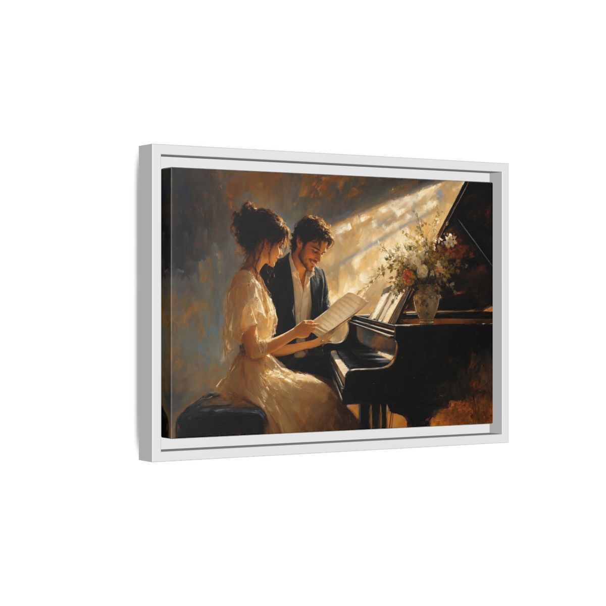 Side Mockup 4. Romantic Piano Duet shown as framed canvas print