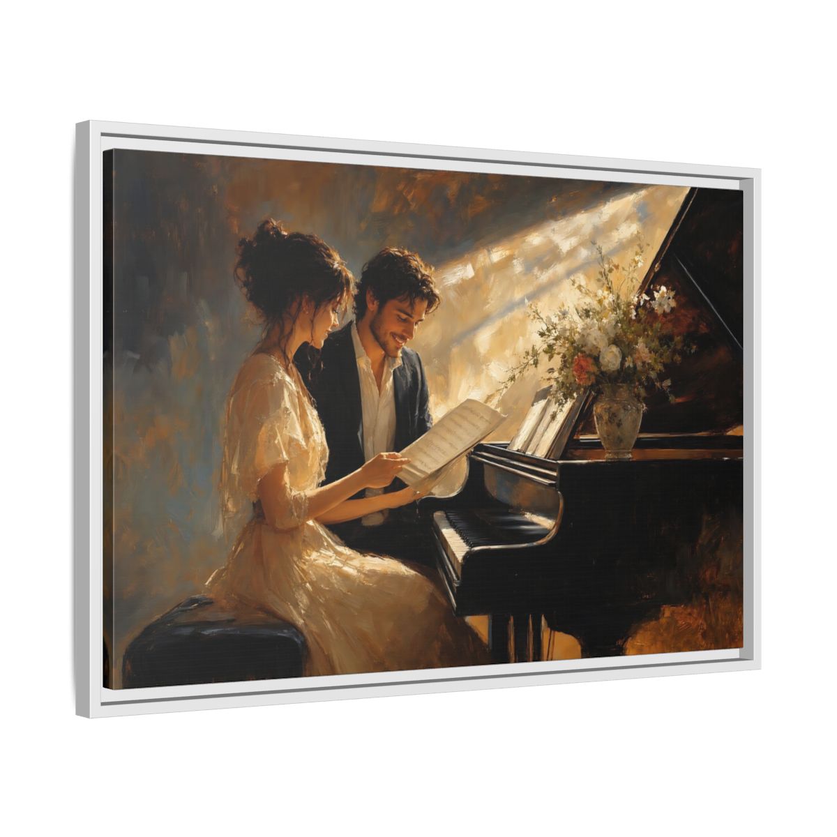Side Mockup 10. Romantic Piano Duet shown as framed canvas print