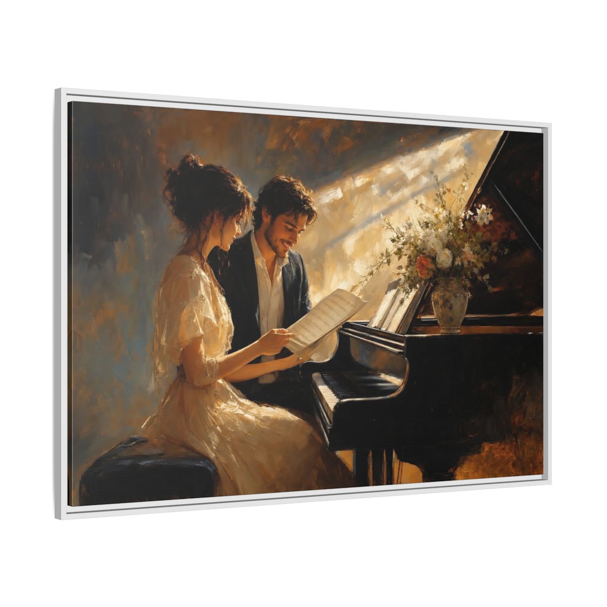 Side Mockup 7. Romantic Piano Duet shown as framed canvas print