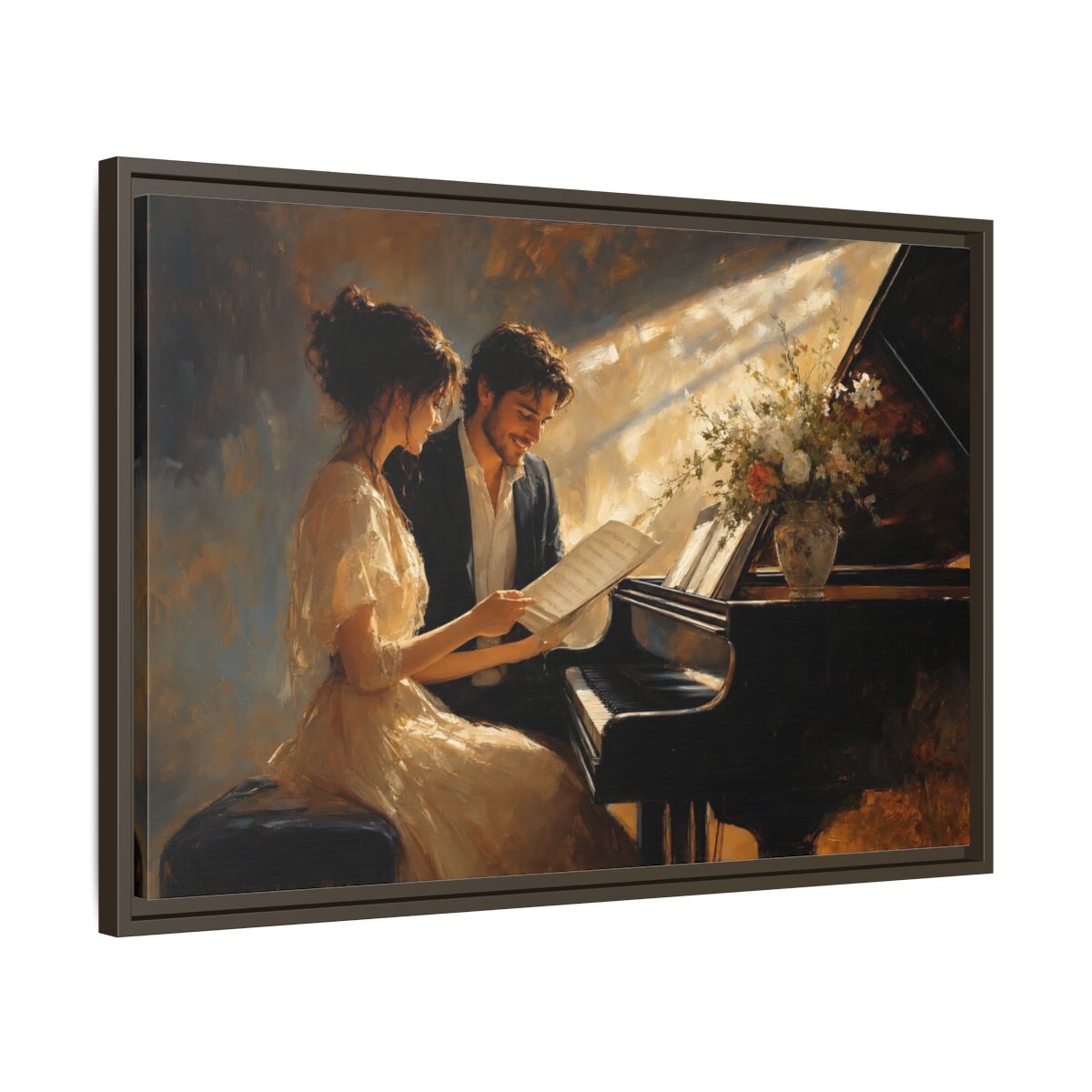 Side Mockup 11. Romantic Piano Duet shown as framed canvas print