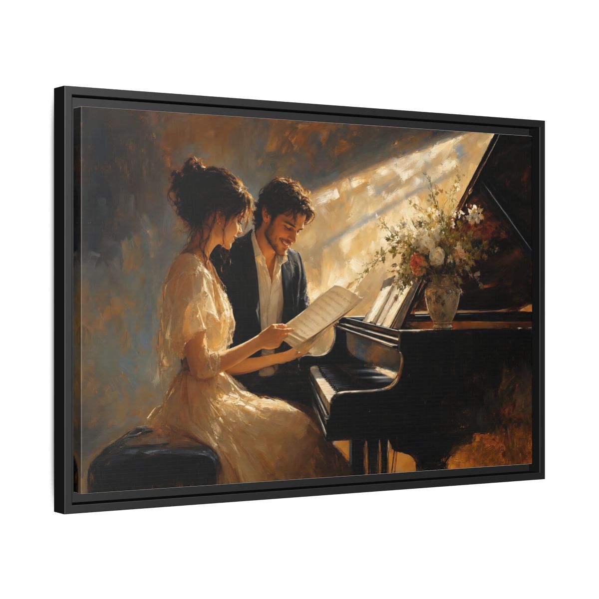 Side Mockup 14. Romantic Piano Duet shown as framed canvas print