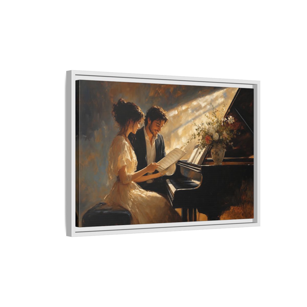 Side Mockup 1. Romantic Piano Duet shown as framed canvas print