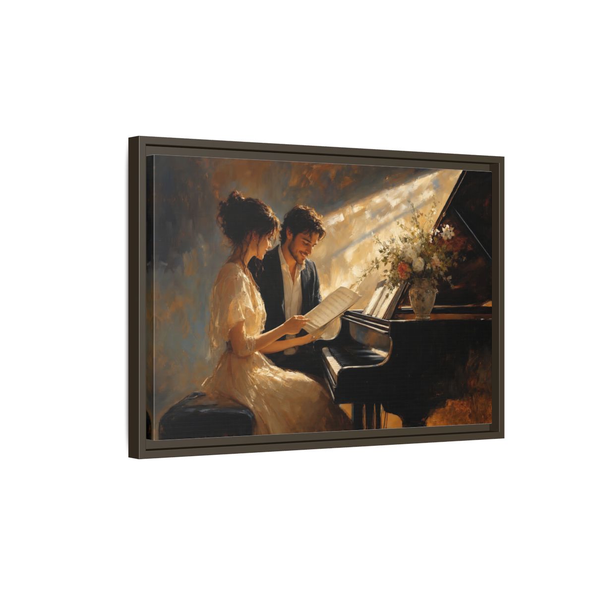 Side Mockup 2. Romantic Piano Duet shown as framed canvas print