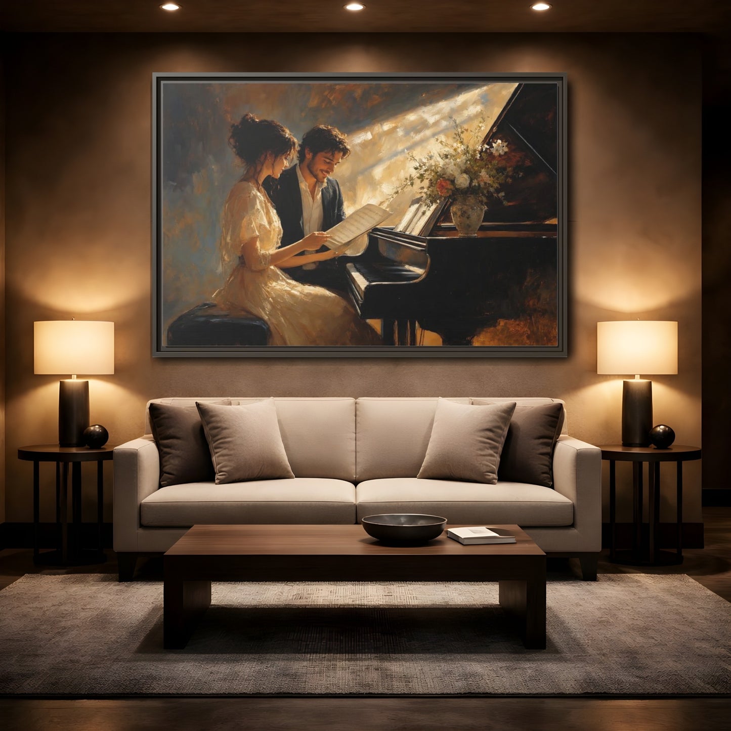 Mockup 2. Romantic Piano Duet shown as framed canvas print