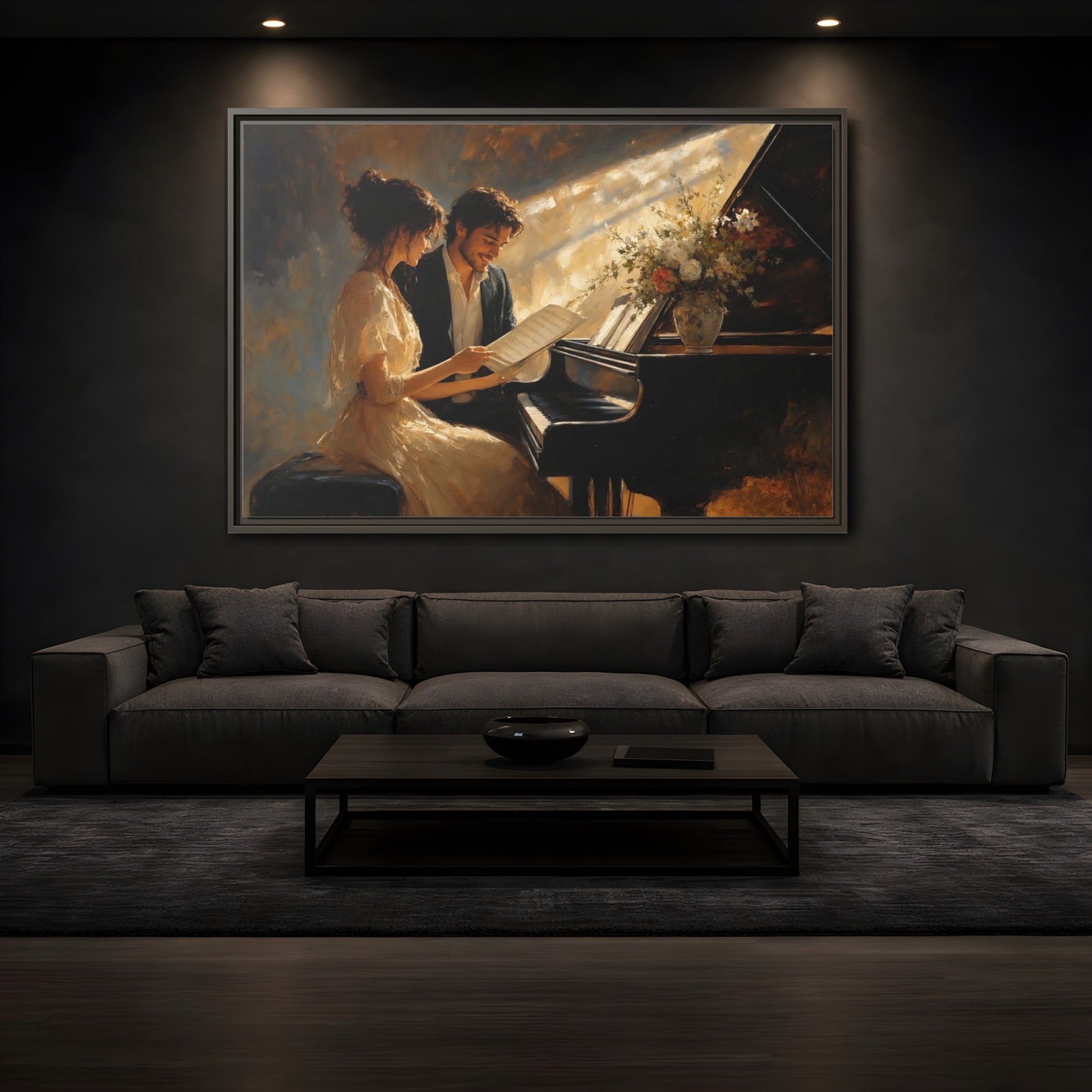 Mockup 3. Romantic Piano Duet shown as framed canvas print