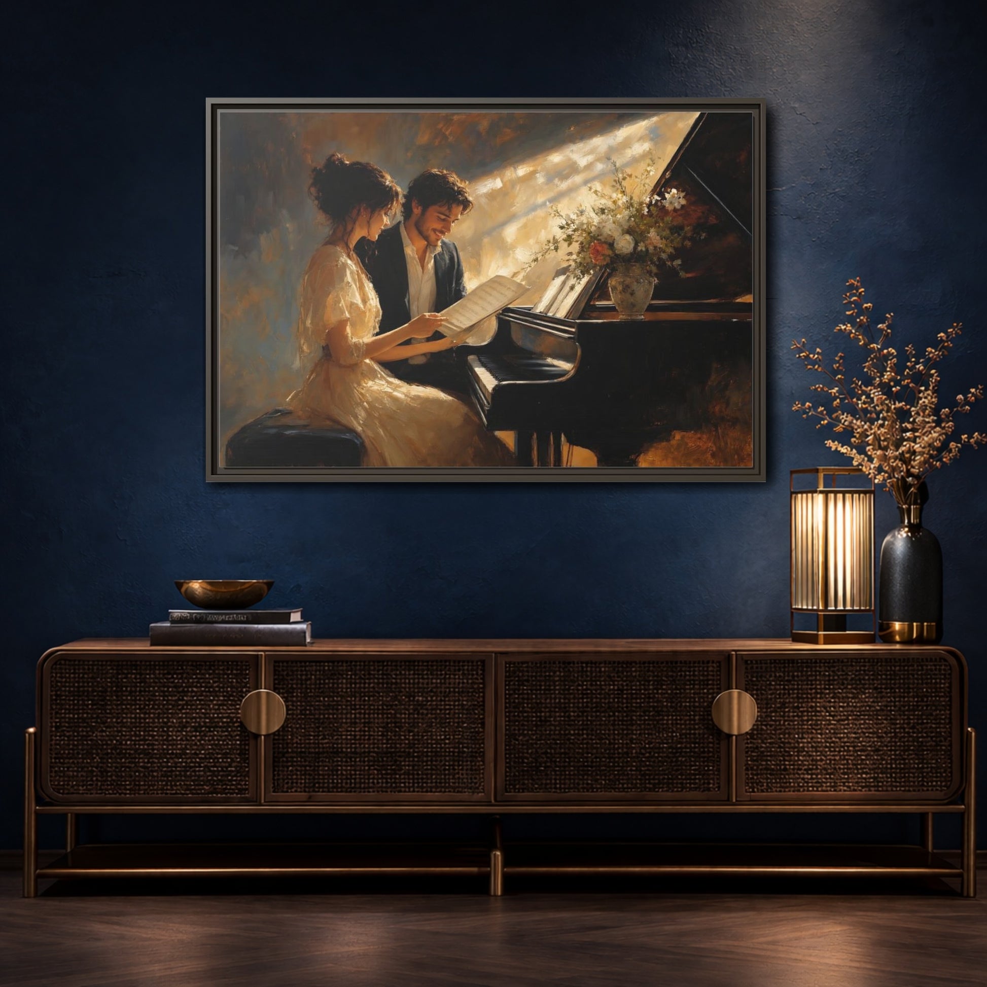 Mockup 4. Romantic Piano Duet shown as framed canvas print