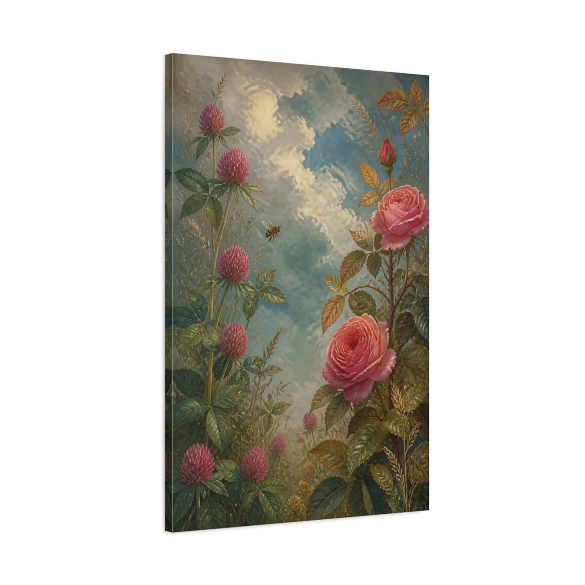 Main Mockup. Rose And Clover Meadow shown as canvas print