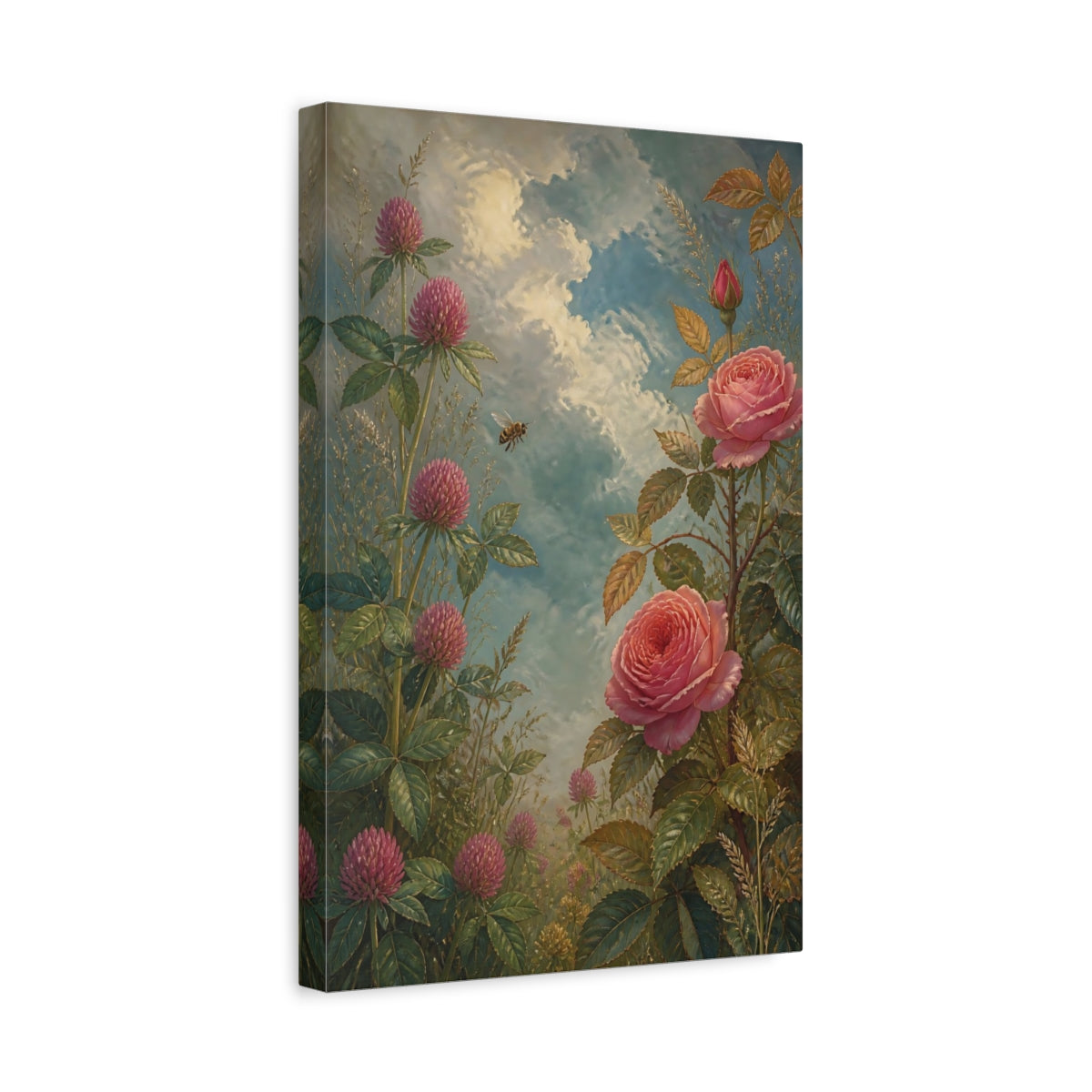 Side Mockup 4. Rose And Clover Meadow shown as canvas print