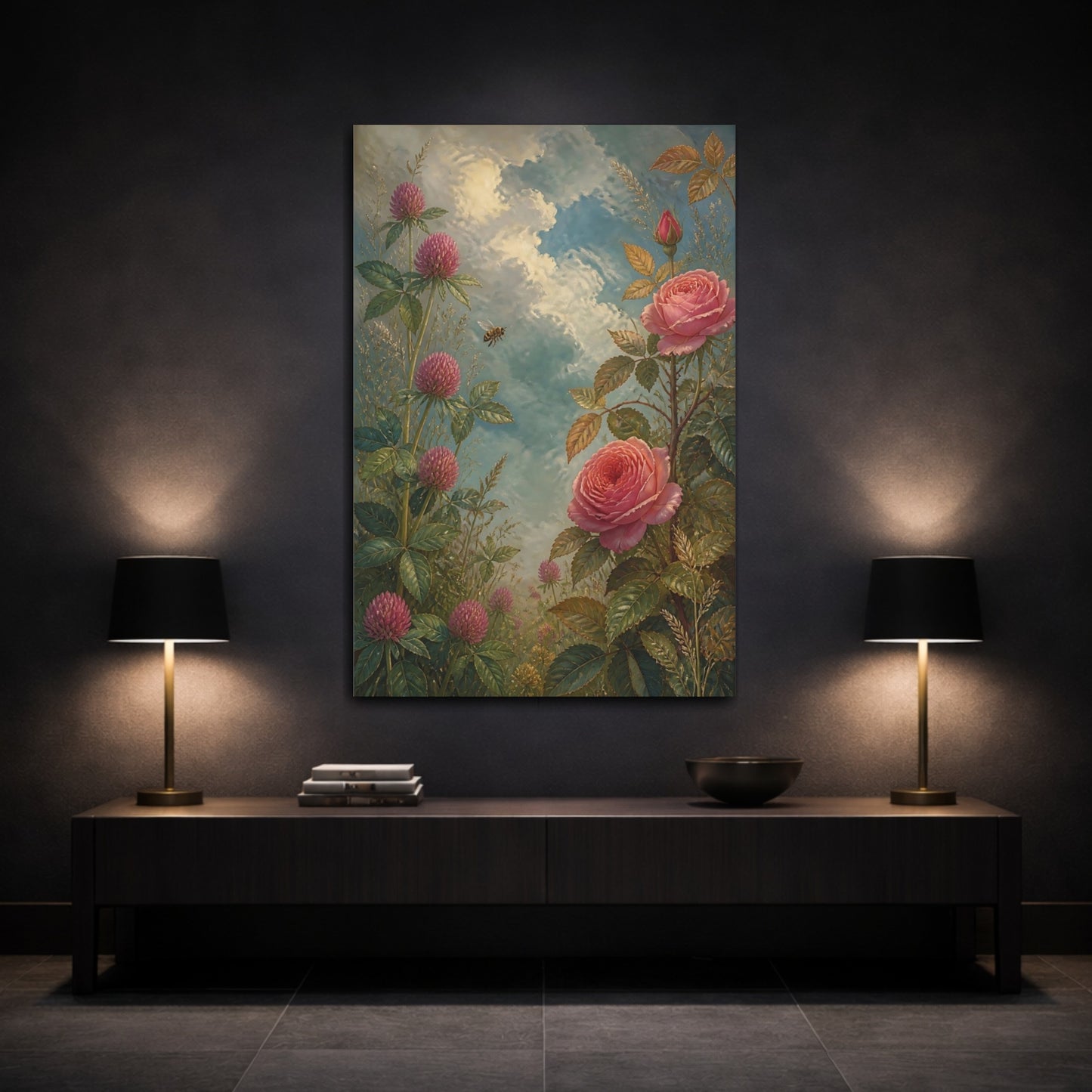 Mockup 3. Rose And Clover Meadow shown as canvas print