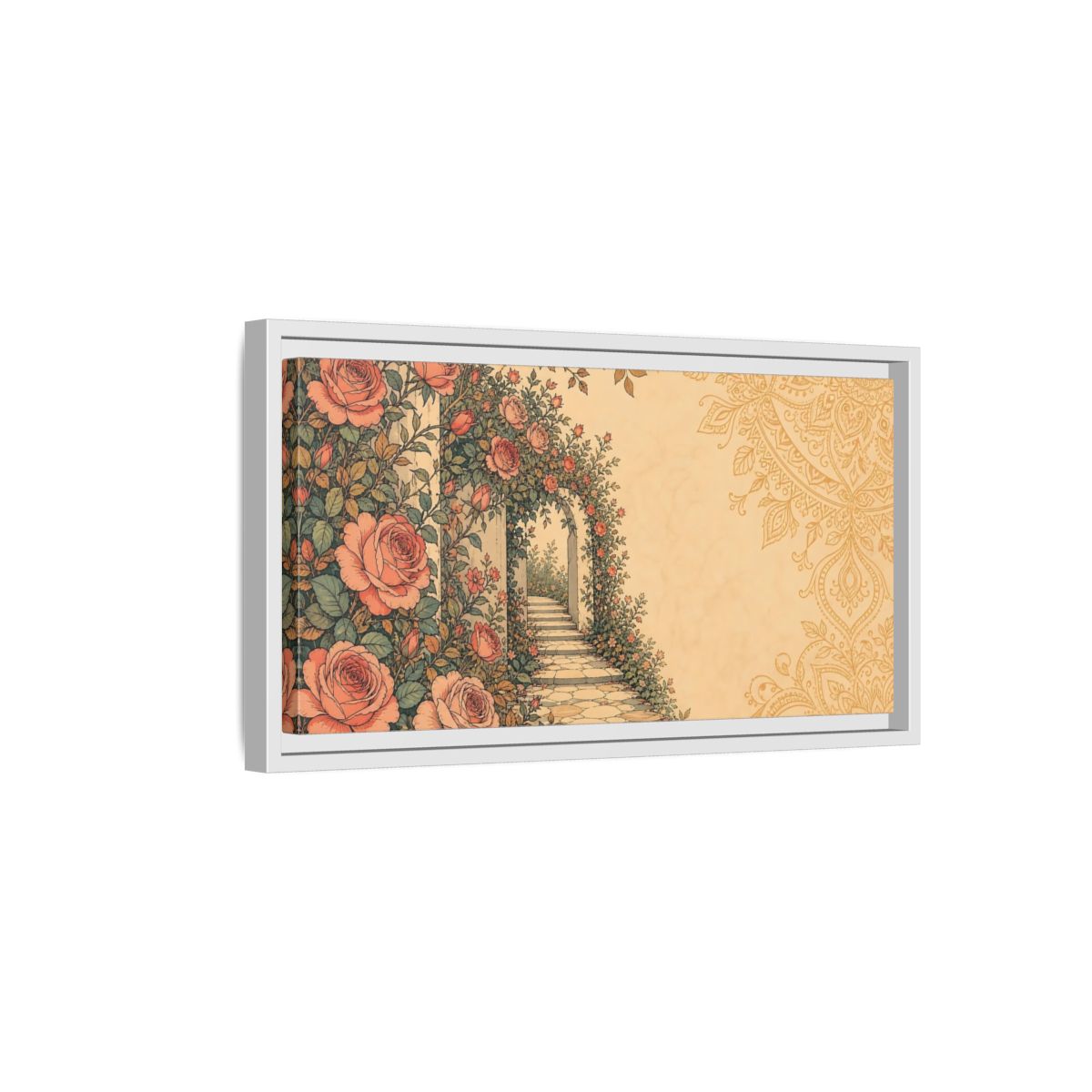 Side Mockup 6. Rose Garden Archway shown as framed canvas print