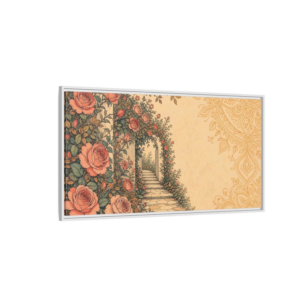 Side Mockup 3. Rose Garden Archway shown as framed canvas print