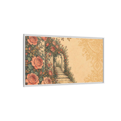 Side Mockup 3. Rose Garden Archway shown as framed canvas print