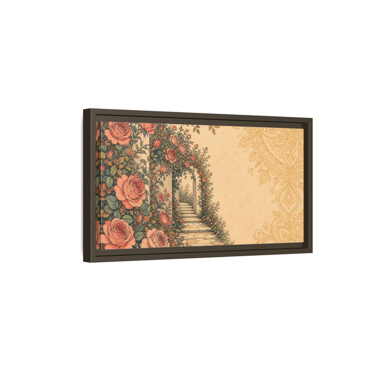 Side Mockup 7. Rose Garden Archway shown as framed canvas print