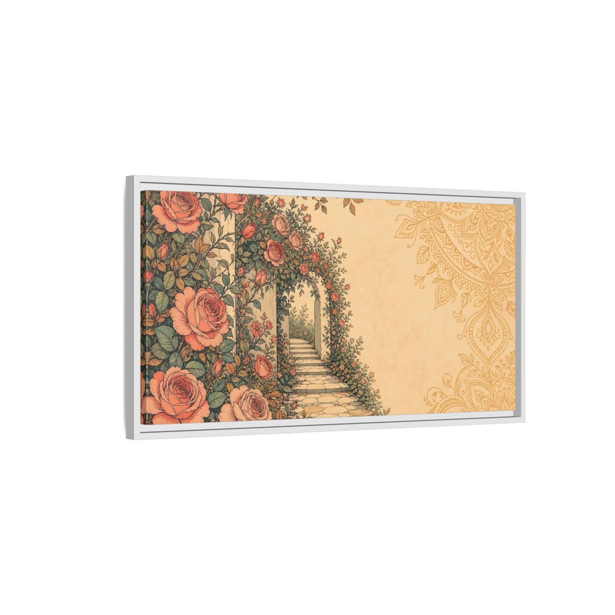 Side Mockup 1. Rose Garden Archway shown as framed canvas print