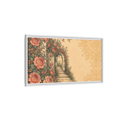Side Mockup 1. Rose Garden Archway shown as framed canvas print