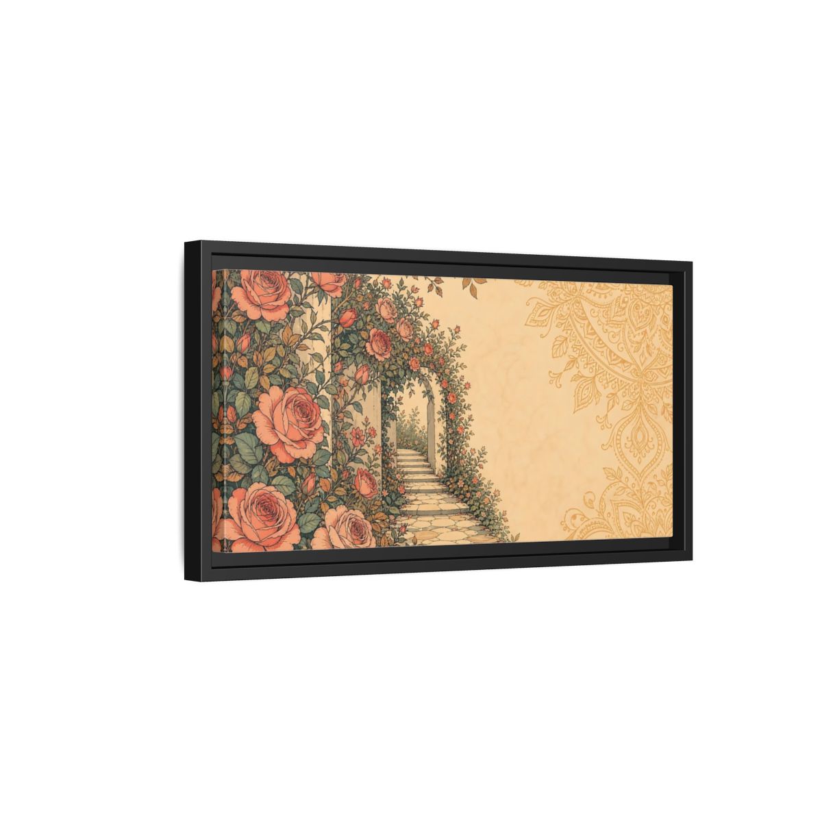 Side Mockup 8. Rose Garden Archway shown as framed canvas print