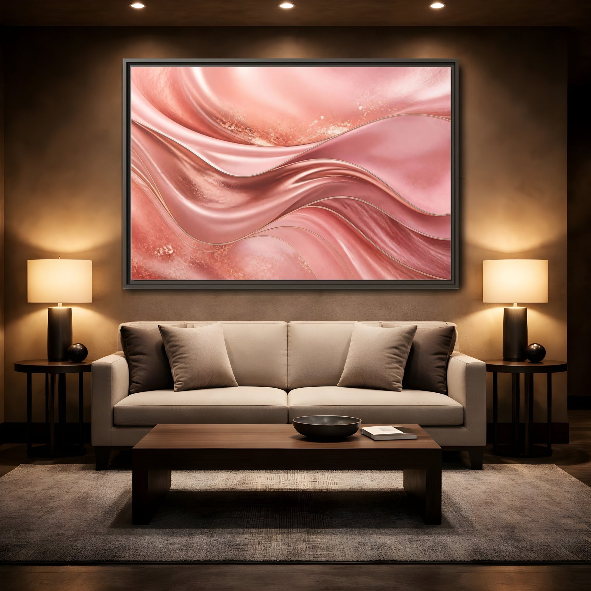 Mockup 2. Rose Gold Abstract Waves shown as framed canvas print