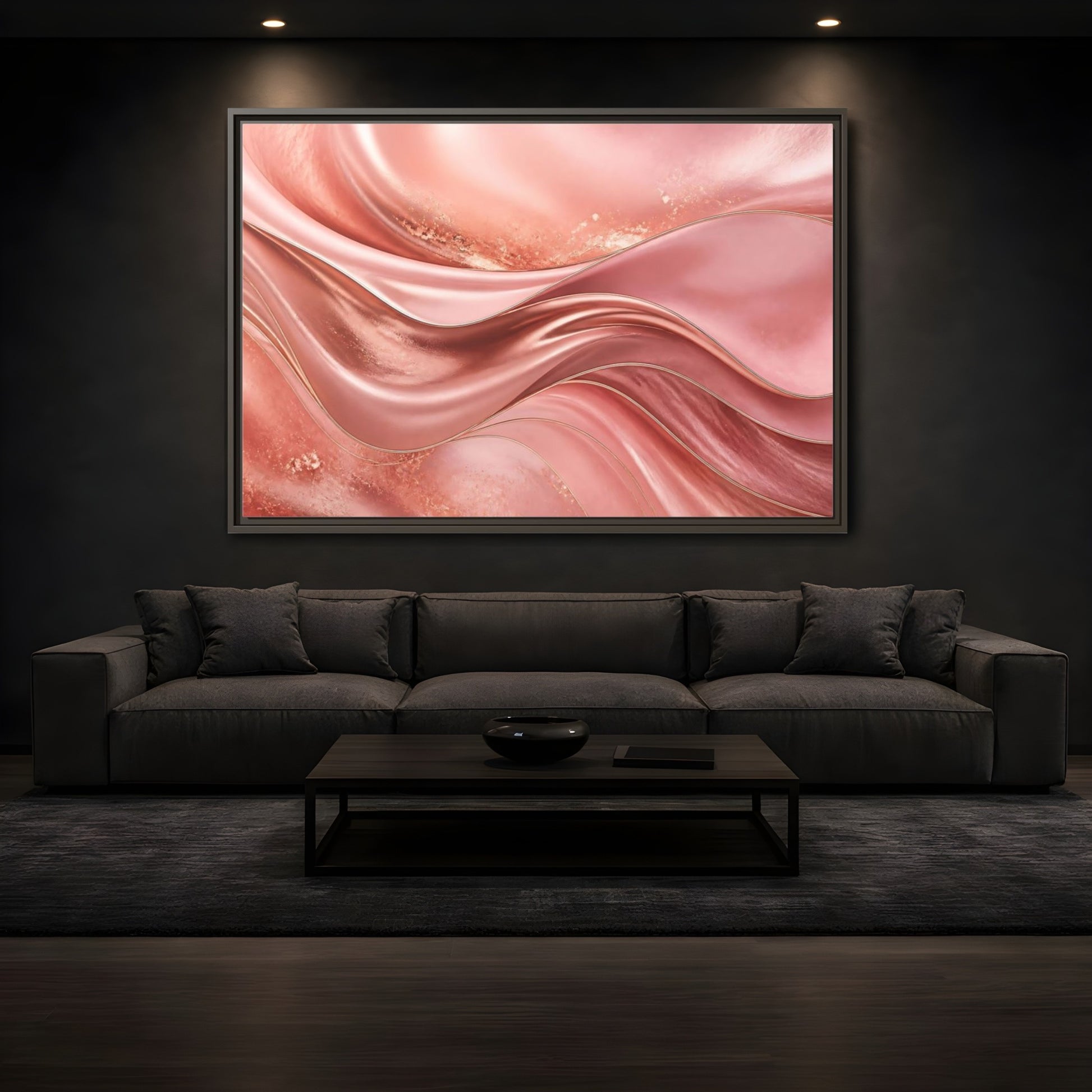 Mockup 3. Rose Gold Abstract Waves shown as framed canvas print