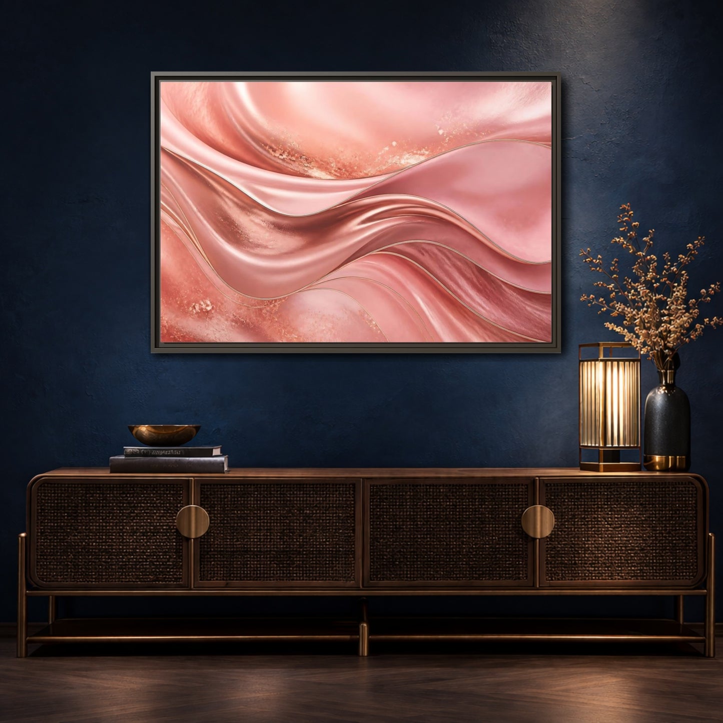 Mockup 4. Rose Gold Abstract Waves shown as framed canvas print