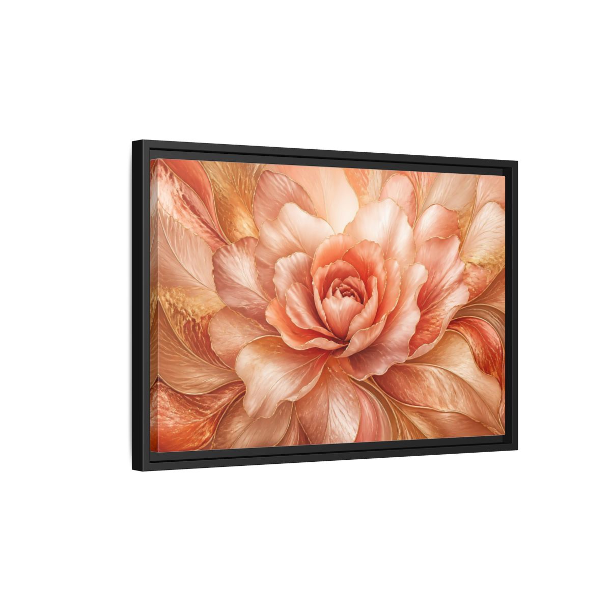 Side Mockup 3. Rose Gold Bloom shown as framed canvas print