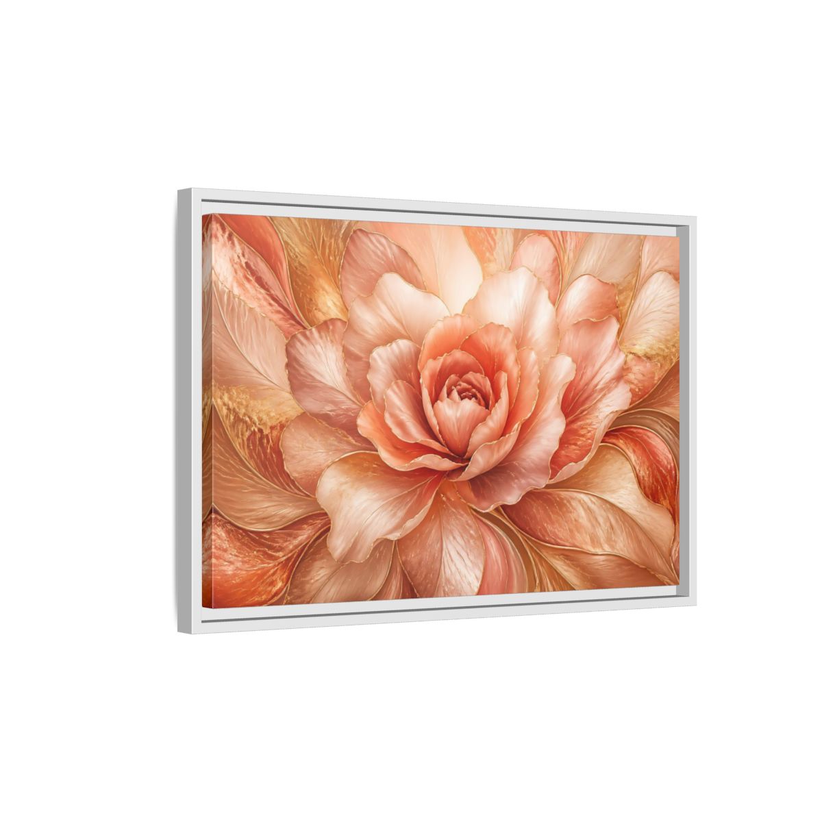 Side Mockup 1. Rose Gold Bloom shown as framed canvas print