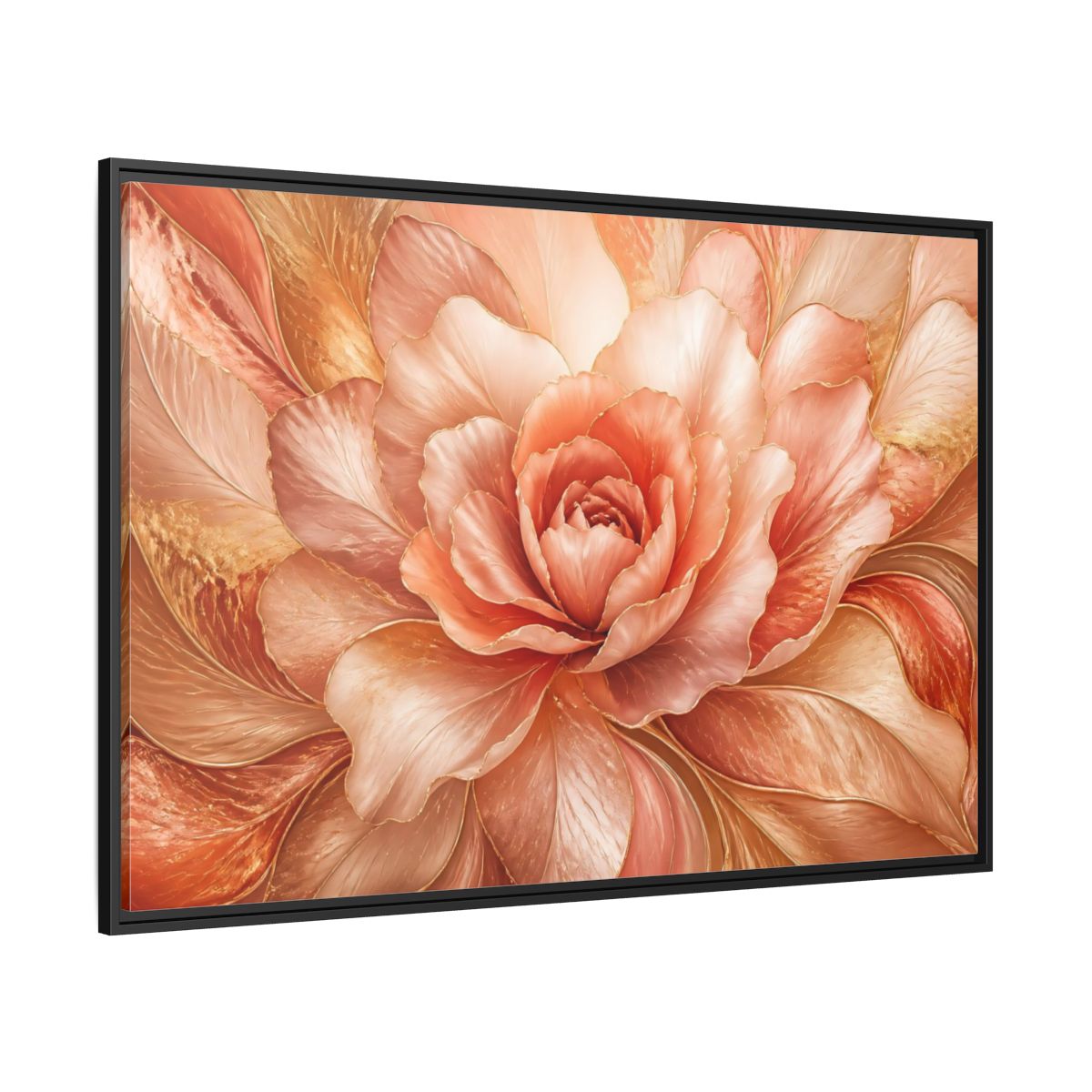 Side Mockup 12. Rose Gold Bloom shown as framed canvas print
