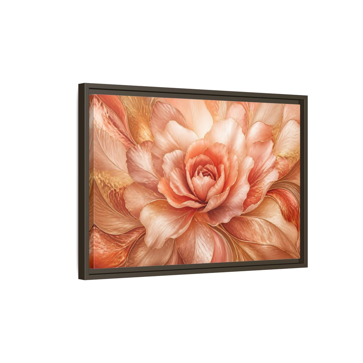 Side Mockup 2. Rose Gold Bloom shown as framed canvas print