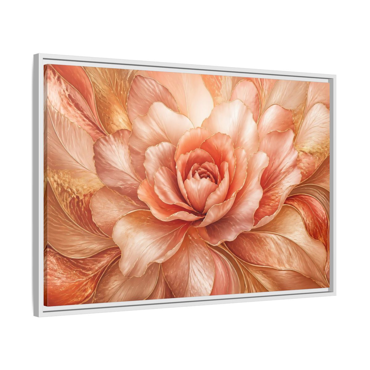 Side Mockup 9. Rose Gold Bloom shown as framed canvas print