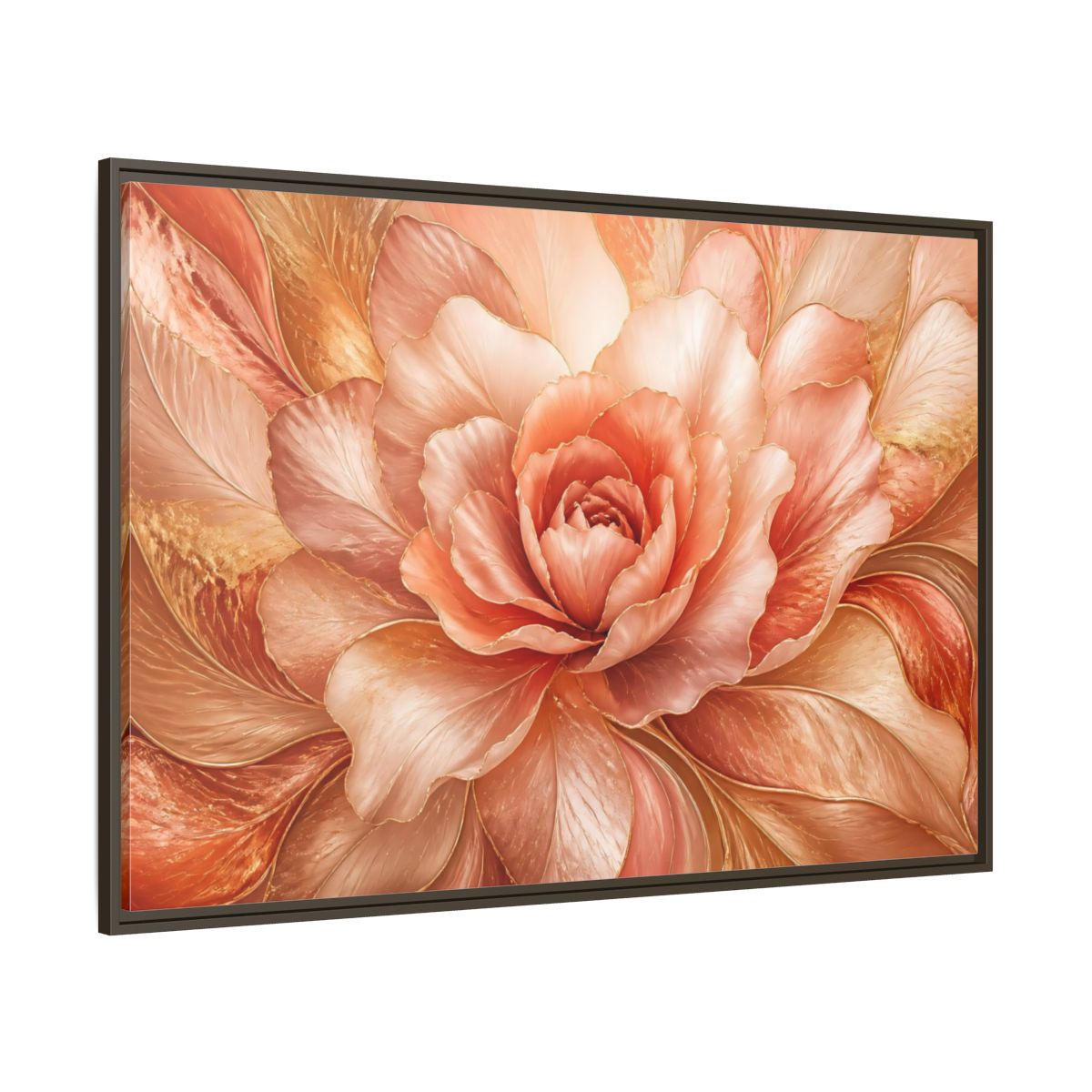 Side Mockup 8. Rose Gold Bloom shown as framed canvas print