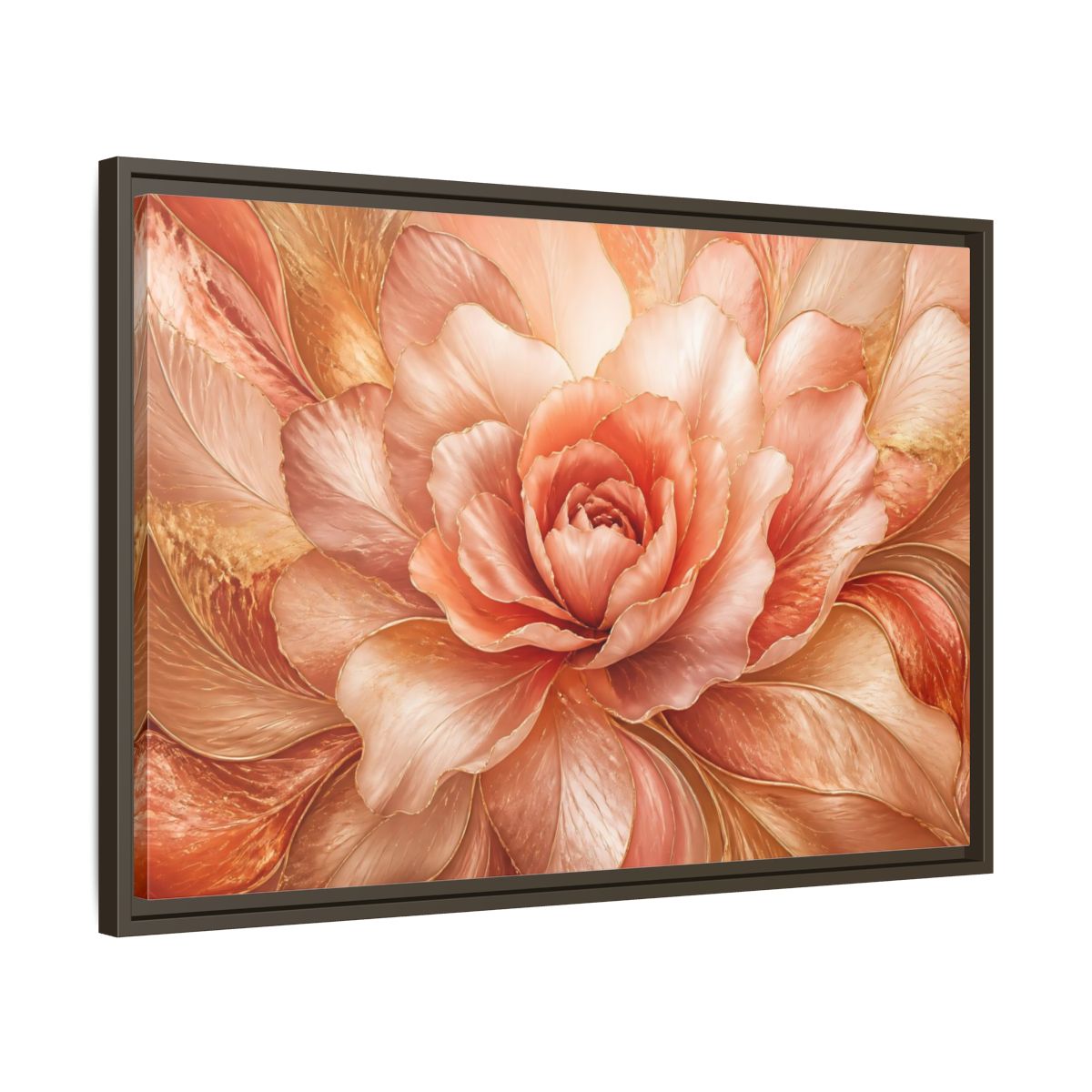 Side Mockup 11. Rose Gold Bloom shown as framed canvas print