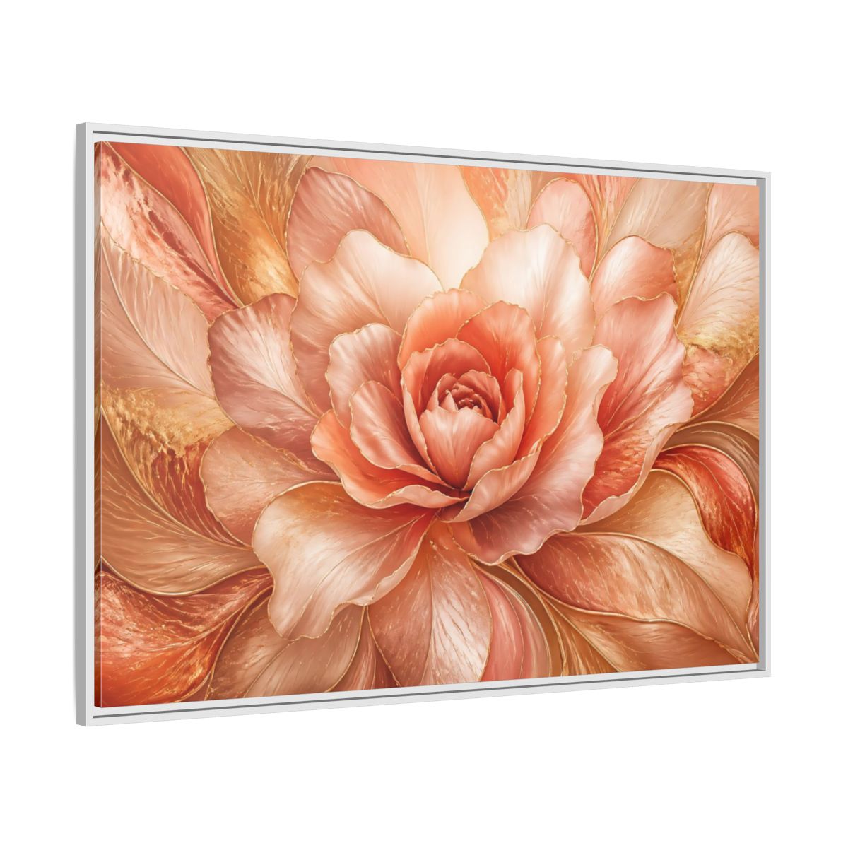 Side Mockup 7. Rose Gold Bloom shown as framed canvas print