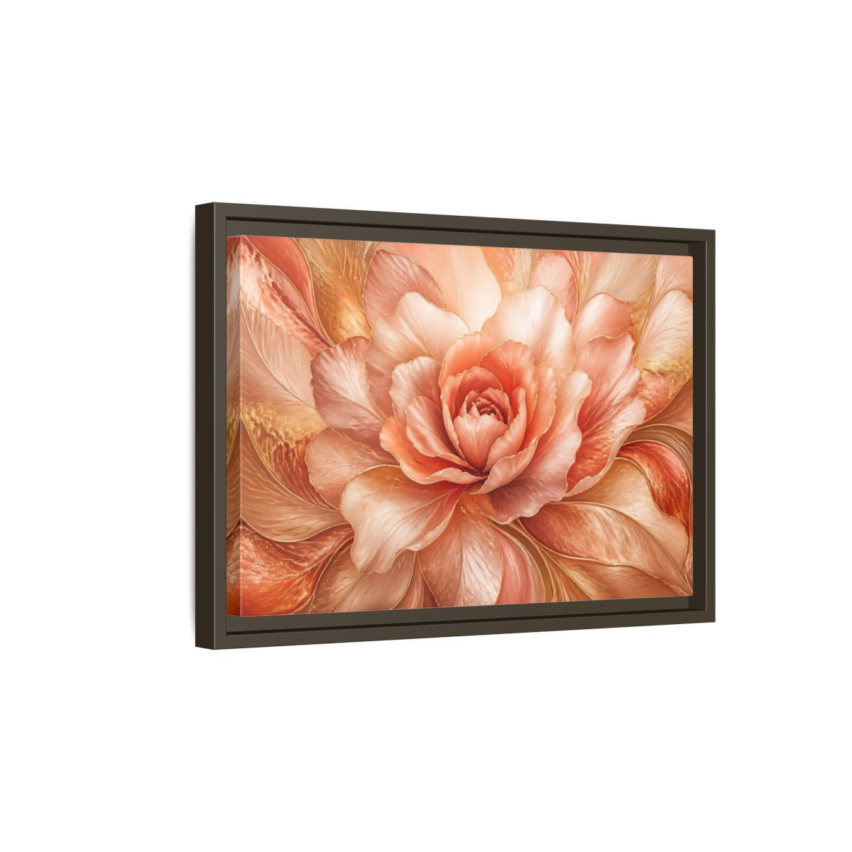 Side Mockup 5. Rose Gold Bloom shown as framed canvas print