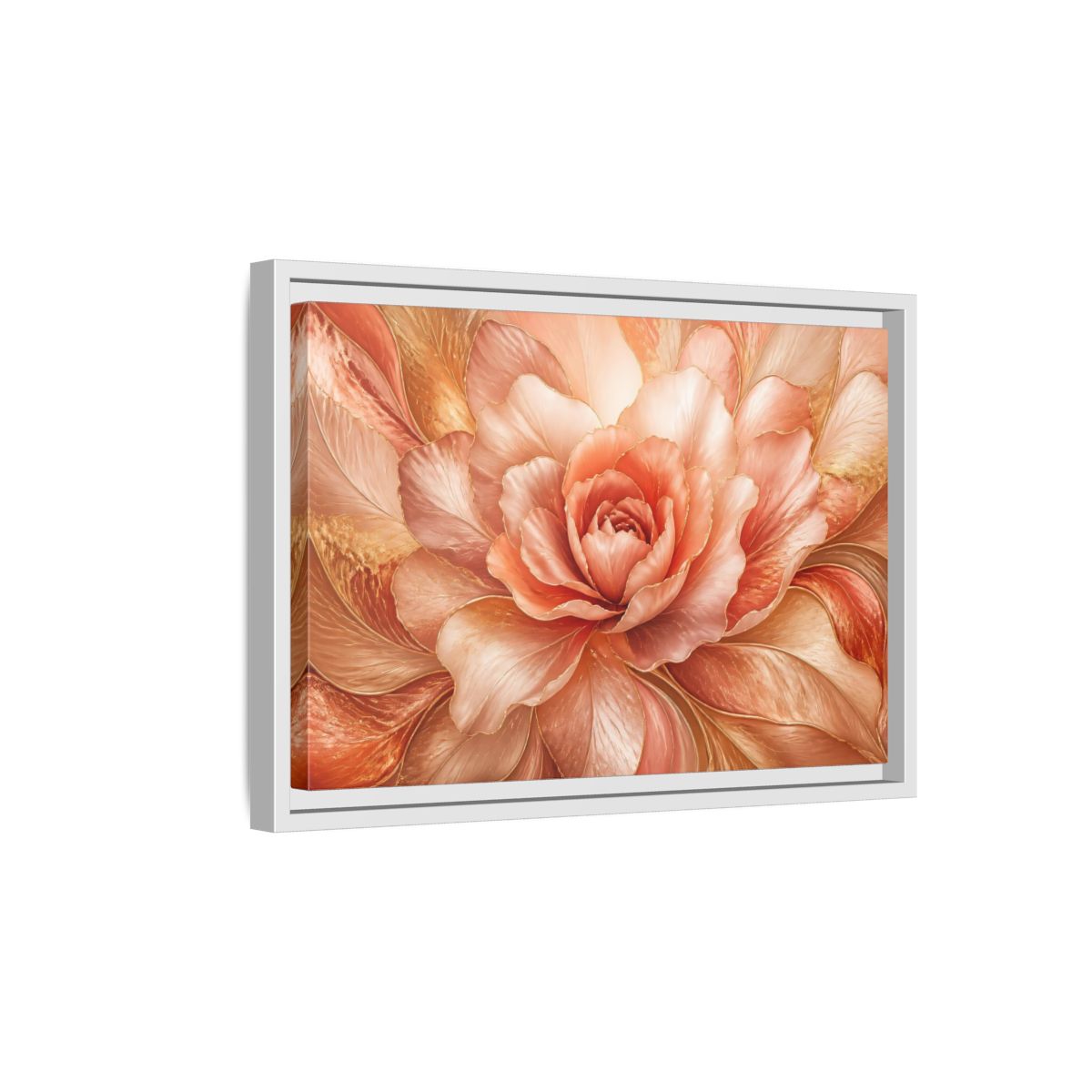 Side Mockup 4. Rose Gold Bloom shown as framed canvas print