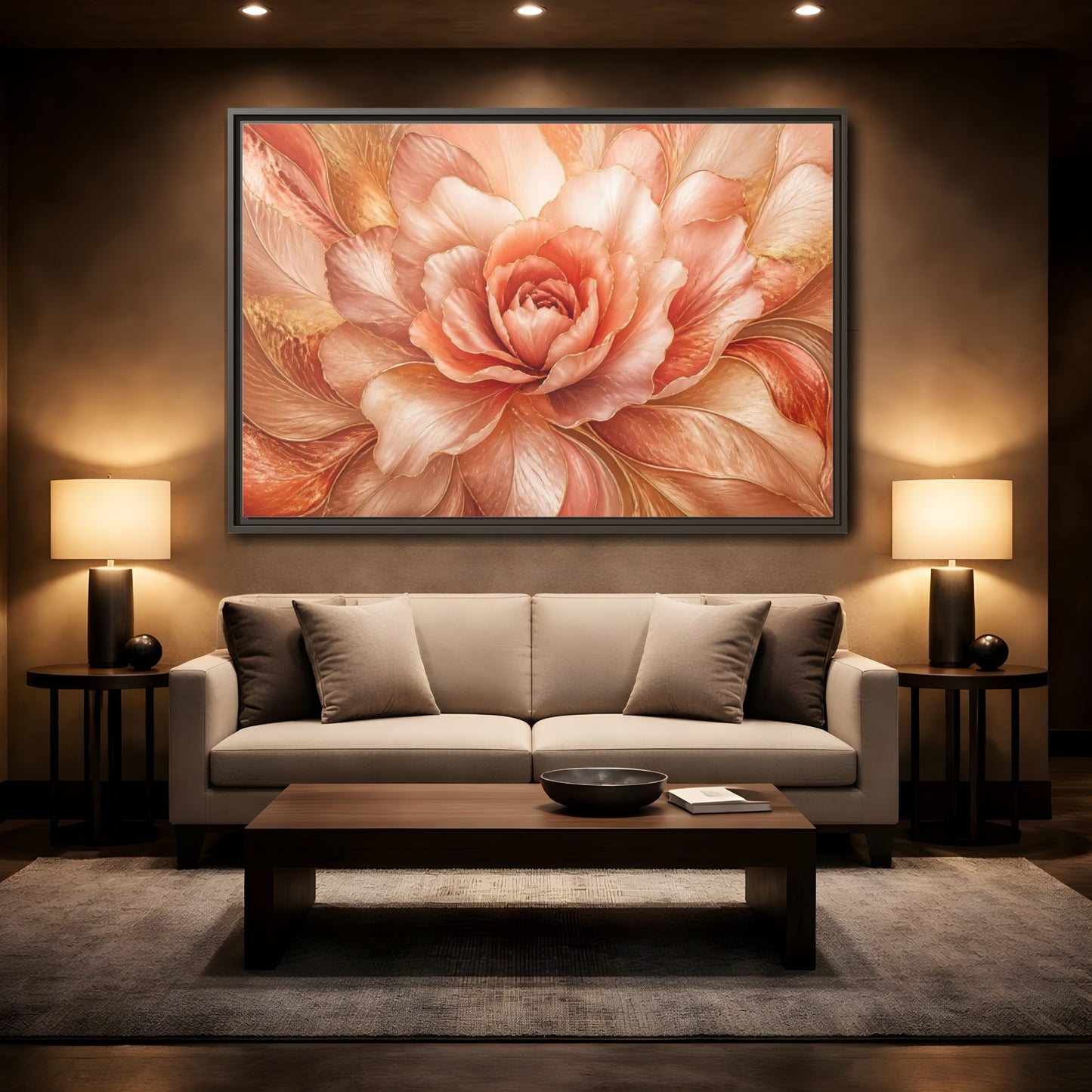 Mockup 2. Rose Gold Bloom shown as framed canvas print
