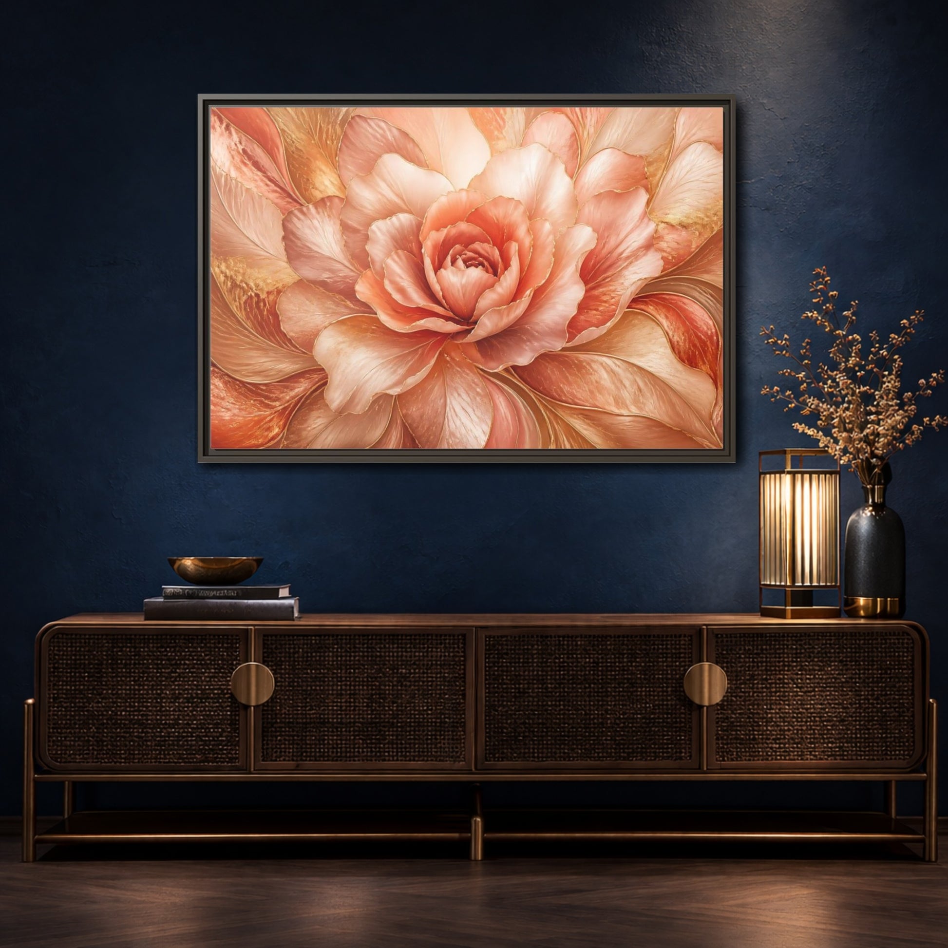 Mockup 4. Rose Gold Bloom shown as framed canvas print