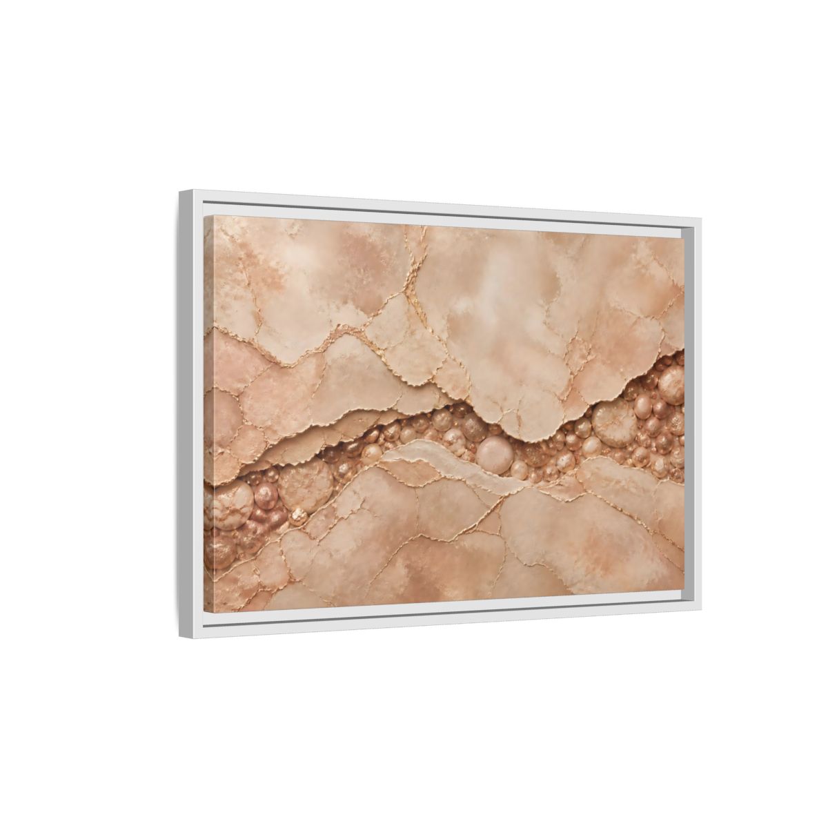 Side Mockup 1. Rose Gold Stone Vein shown as framed canvas print