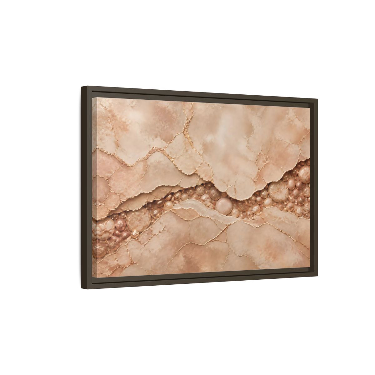Side Mockup 2. Rose Gold Stone Vein shown as framed canvas print