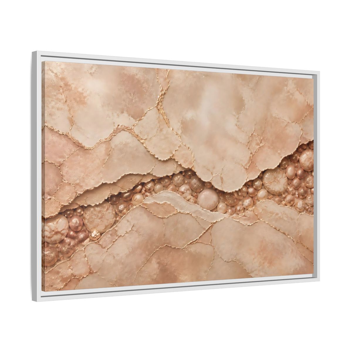 Side Mockup 9. Rose Gold Stone Vein shown as framed canvas print